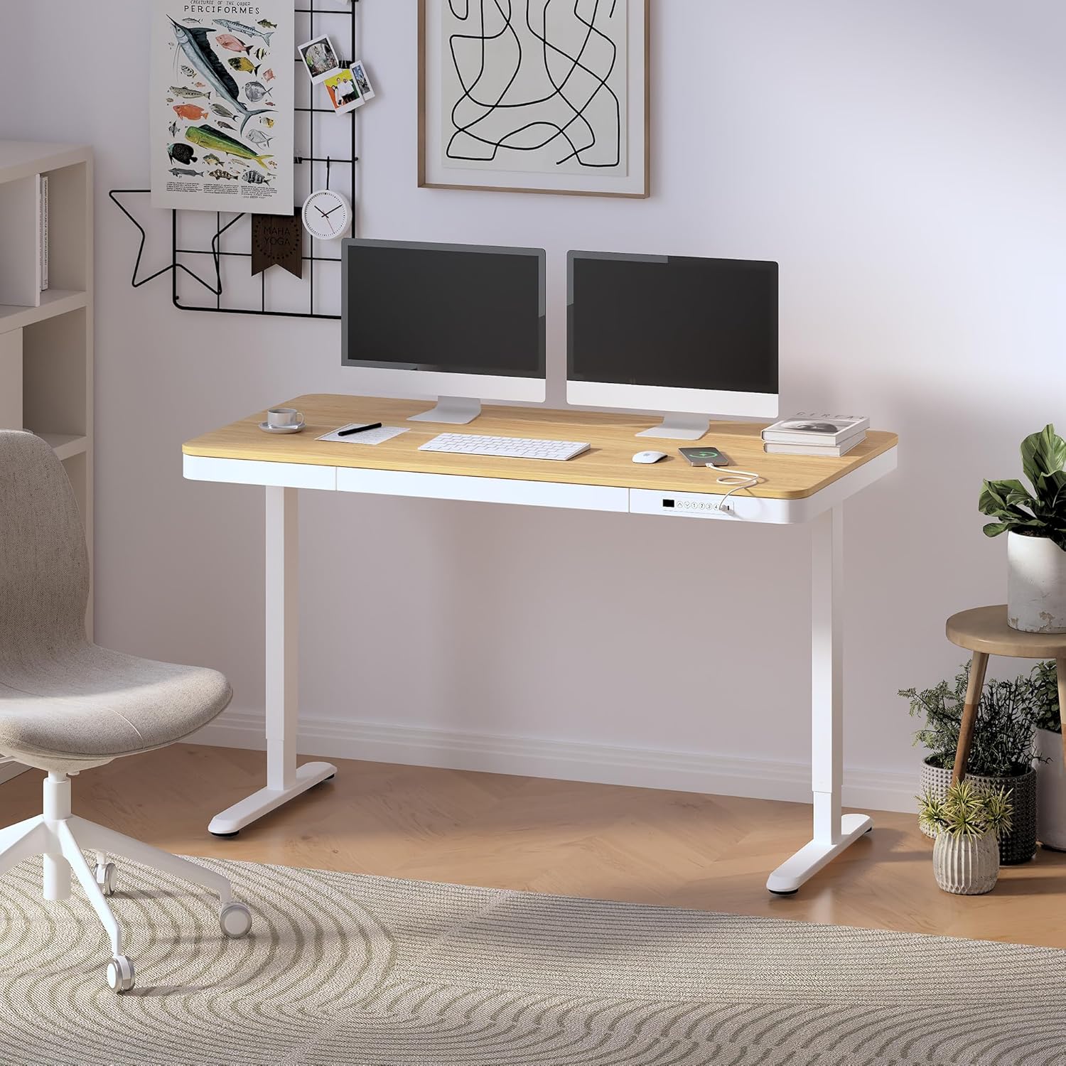 FlexiSpot Comhar Pro 55x28 Maple Bamboo Desk with Drawer
