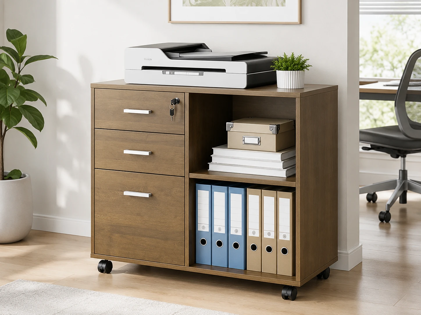 DEVAISE 3-Drawer Mobile File Cabinet, Wood Lateral Filing Cabinet, Printer Stand, Rustic Brown